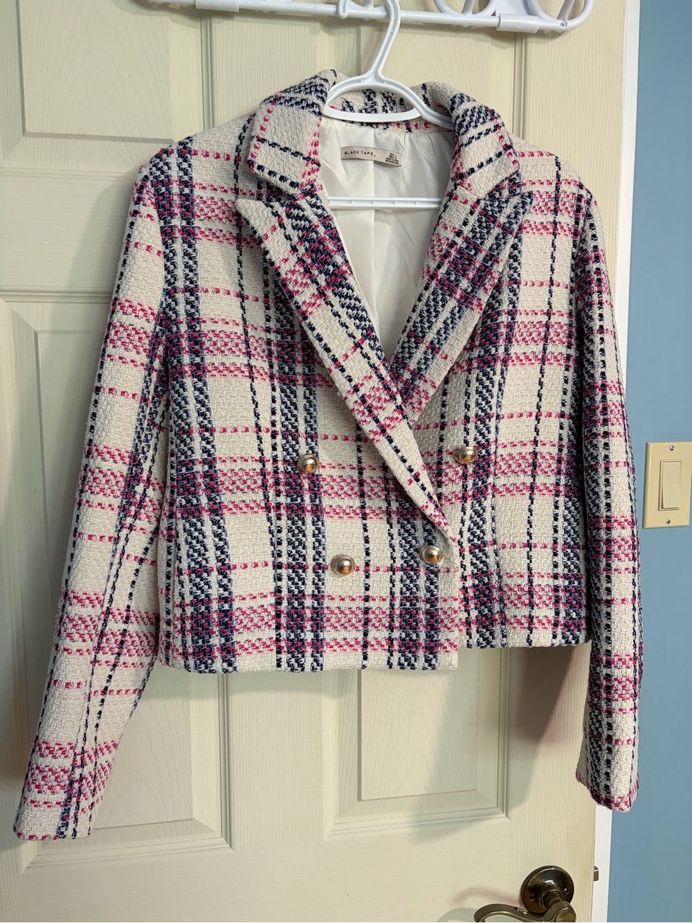 Simons Cream Plaid Tweed Double-Breasted Blazer with Pink and Navy Checks